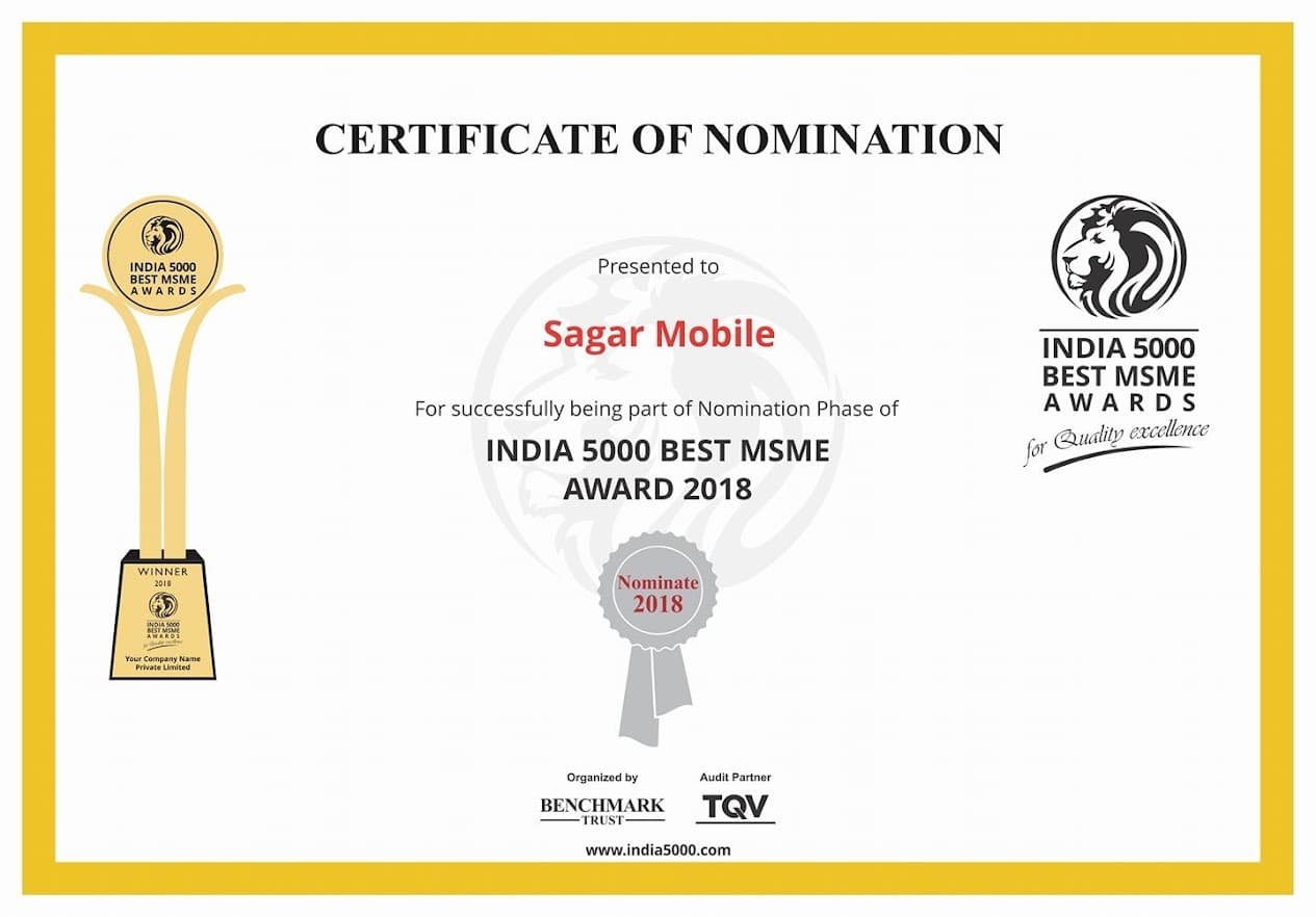 India 5000 Best MSME Award 2018 certificate of nomination
