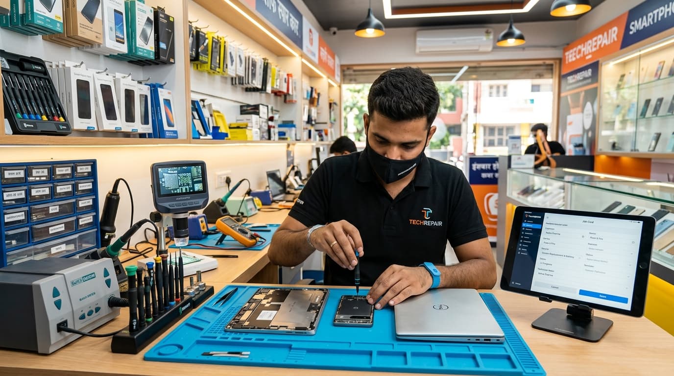 Indian mobile and laptop repair technician shop counter