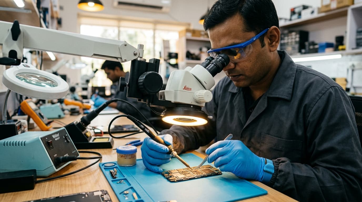 Student practicing micro-soldering under a microscope