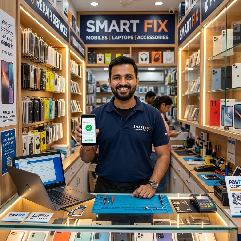 Indian mobile repair shop owner with verified Chipix invoice